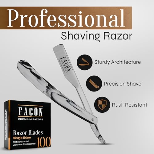 Fac?n Straight Razors for Men - Professional Barber Straight Edge Razor Kit with 100 Blades, Classic Stainless Steel Barbero Shaver for a Smooth & Precise Shave, Premium Barber Razor for Men's Shaving
