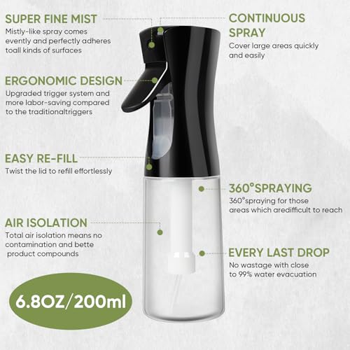 Fokneko 2 Pack Continuous Spray Bottles 6.8 oz/200ml - White & Black, Fine Mist for Hair, Plants, Cleaning, Pets