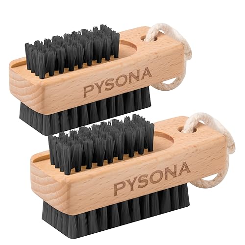 Pysona 2 Pack Nail Brush for Cleaning Fingernails Wooden Nail Scrub Brushes Fingernail Brush for Cleaning Toes and Nails, Two-Sided with Hanging Rope (Beechwood) (Black)