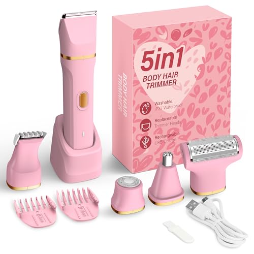 KINGTEE 5-in-1 Electric Bikini Trimmer for Women ? IPX7 Waterproof Shaver, Cordless Body & Facial Razors for Women, Ceramic Blades, USB-C Rechargeable, Painless Hair Removal Kit (Pink)