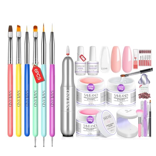 SAVILAND Builder Gel Set With Drill, 6 Art Brushes - 3 Hard Gels (VE&VB5&Kerain) Clear Pink Nudes, Lamp, Brush, Strengthener for Nail Extension