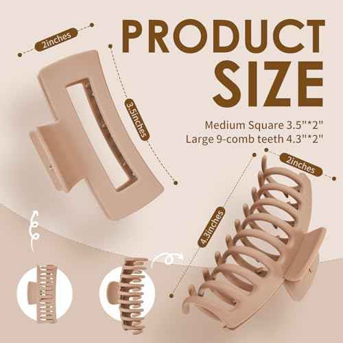 Hair Claw Clips for Women Matte Non-Slip 8-Pack | 4.3 inch & 3.5 inch Hair Clips | Strong Hold for Thick/Thin Hair & Curly Hair | Neutral Colors, All-Day Secure Grip