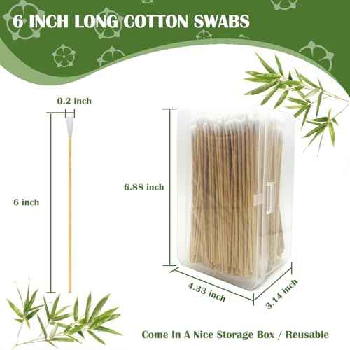 6 inch Long Cotton Swabs in Storage Box 500PCS,Bamboo Sticks & Highly Absorbent Tipped Applicators for Makeup, Gun Cleaning, Pet Care