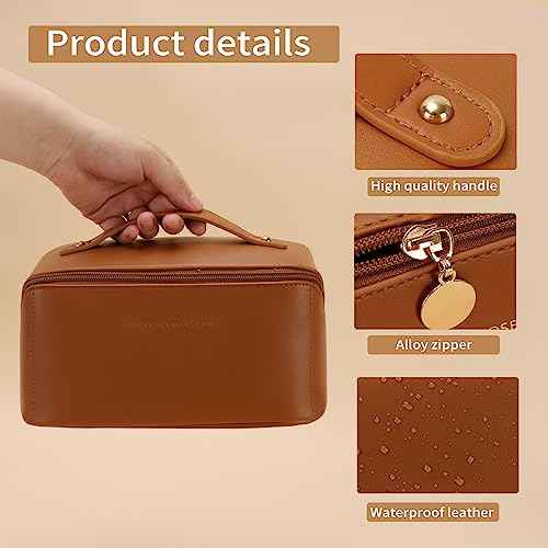 3 Pcs Travel Makeup Bag Portable Large Capacity Cosmetic Bags for Women Open Flat Makeup Case Organizer Bag Set of 3 Waterproof PU Leather Toiletry Bags with Divider and Handle (Brown, Medium)