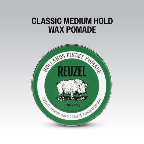 REUZEL Green Grease Pomade, Medium All Day Hold, Oil-Based Styling Wax, Medium Shine, Easy To Wash Out, For All Hair Types