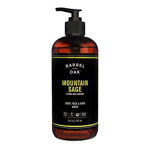 Barrel and Oak - All-In-One Body Wash, Men's Body Wash, Men's Soap for Hair, Face, & Body, Refreshing & Balanced Cleanser, Essential Oil-Based Scent, Cedar & Patchouli, Vegan (Mountain Sage, 16 oz)