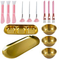 14 Pcs Esthetician Supplies 3 Large Stainless Steel Gold Mixing Bowls 1 Gold Serving Tray 1 Serving Tray with 3 Compartment 3 Facial Fan Brushes 3 Face Mask Applicator Brush 3 Facial Mask Scrapers