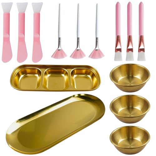 14 Pcs Esthetician Supplies 3 Large Stainless Steel Gold Mixing Bowls 1 Gold Serving Tray 1 Serving Tray with 3 Compartment 3 Facial Fan Brushes 3 Face Mask Applicator Brush 3 Facial Mask Scrapers