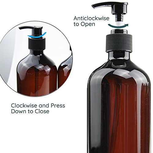 FOOCHY Amber 500ml Pump Dispenser Bottles - 6 Pack, Reusable Plastic