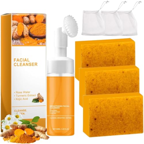 4Pcs Turmeric Wash and Care Two Piece Set, Tuemeric Facial Cleanser & Turmeric Soap Combo, Face & Body Cleanser, Deep Cleansing£¬Bring a Bubble Net