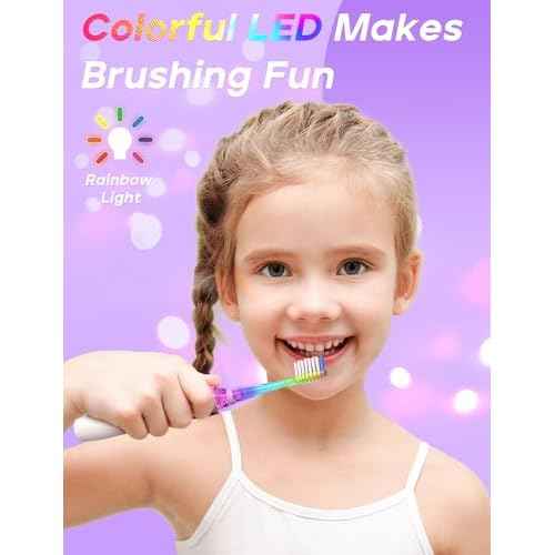 SEAGO Kids Electric Toothbrush with 2 Mins Brushing Timer and 4 Replacement Bursh Heads,Rainbow LED Light Make Brushing Fun, Purple Color Girls Battery Powerd Toothbrush for 4-12 Years Old£¬SG-977