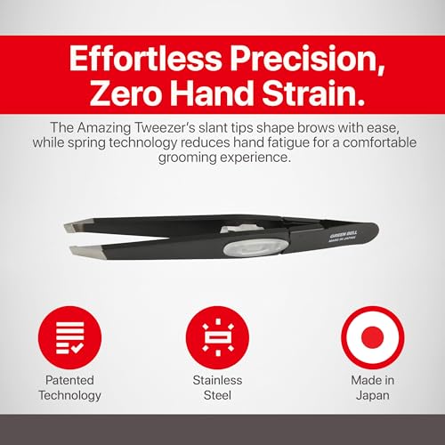 SEKI EDGE SS-518 Amazing Tweezer - Slant Tip with Tension Stopper - Stainless Steel -Black- Crafted with Patented Spring Technology for Precision and Flawless Eyebrow and Hair Removal - Made in Japan