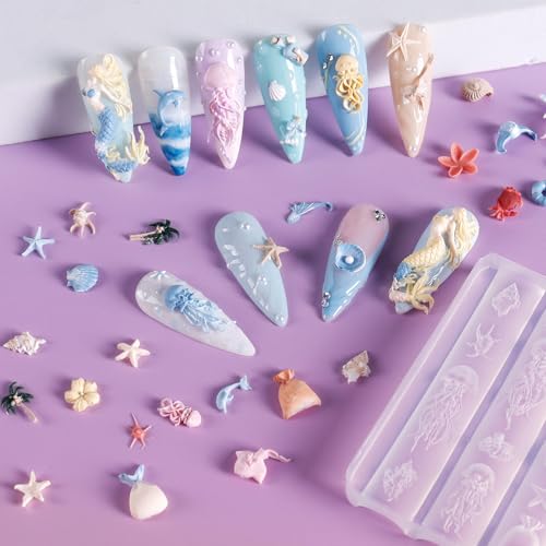 Laza 4-Piece 3D Ocean Silicone Nail Art Molds with Carving Pen & Scraper