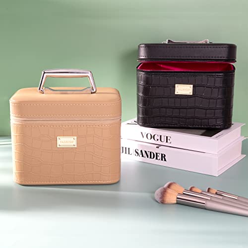 Portable Leather Makeup Train Case with Mirror - Black