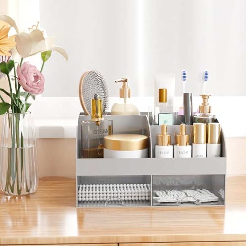 Makeup Organizer with 6 Sections & 2 Drawers, Grey