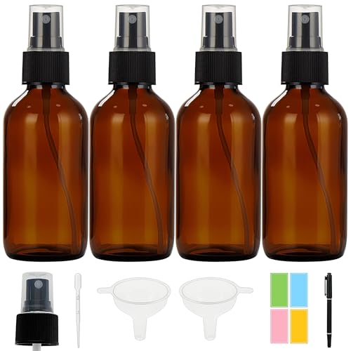 4 Pack Dark Amber Glass Spray Bottles 4 oz - Refillable & Leakproof