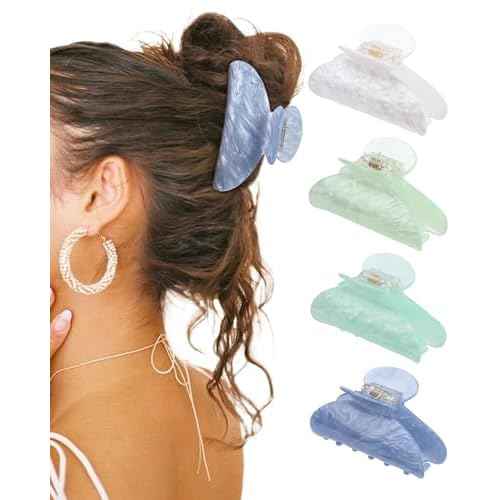 HAIMEIKANG Hair Clip, 4Pcs Acrylic Large Hair Clips in White, Blue, Emerald, Green - Strong Hold Jaw Clips for Thick Thin Hair, Cute Non-slip Claw Clips, Stylish Hair Accessories for Women Girls