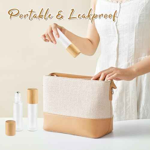 20 Pcs 10ml White Frosted Glass Essential Oil Roller Bottles with Bamboo Lid Refillable Deodorant Containers with Stainless Steel Roller Balls Roll-on Bottles for Perfume Lip Gloss