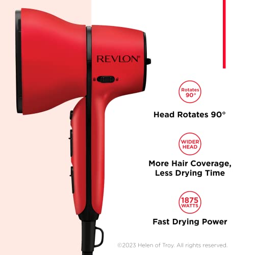 REVLON Airflow Control Hair Dryer with Diffuser - 1875W Blow Dryer Head Rotates 90¡Æ for Total Control, Wider Head for Less Drying Time, Reduces Frizz (Red)