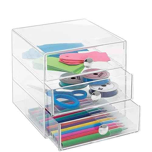 Makeup Drawer Organizer Box with 3 Drawers, Acrylic Cosmetic Display Case Vanity Organizer Jewelry Storage Box Stackable Storage for Cosmetics, Skin Care, Bathroom, Countertop, Silver Handle