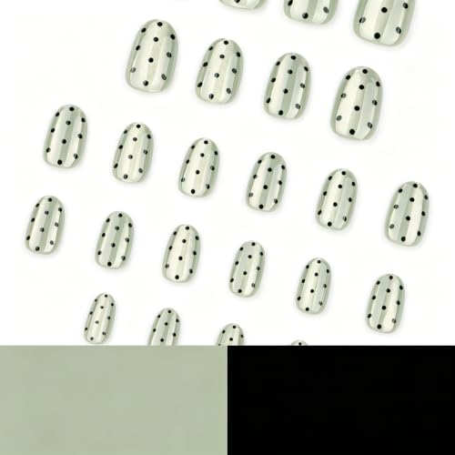 UZJXQ Short Oval Metallic Green Black Polka Dot Press-On Nails - Style-4, Reusable