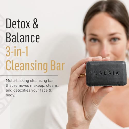 Kalaia - Detox & Balance Charcoal Cleansing Bar, Multi-Use Bar Soap with Activated Charcoal, Hydrating Anti-Acne Face Wash in Soap Bar Form, Removes Makeup and Unclogs Pores, 3 oz/85 g