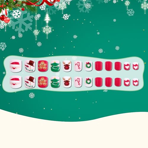 Kids Christmas Day Press-On Fake Nails - Short Full Cover Artificial Nail Tips for Girls
