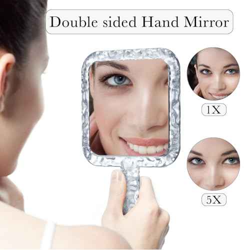 YEAKE Hand Mirror,Double-Sided Handheld 1X/5X Magnifying Mirror with Handle for Makeup, Shaving Mirror with Hole Hanging,Acrylic, 6.1" W x 10" L, Square Shape, Transparent 1 PC