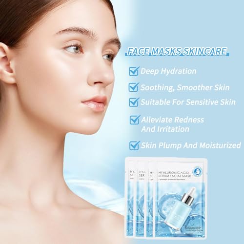 IREV Hyaluronic Acid Face Masks Skincare, Hydrating Facial Masks, Deep Moisturizing Face Mask for All Skin Types, Facial Sheet Mask for Women Skin Care, Smoothing Rejuvenating 10 Pack