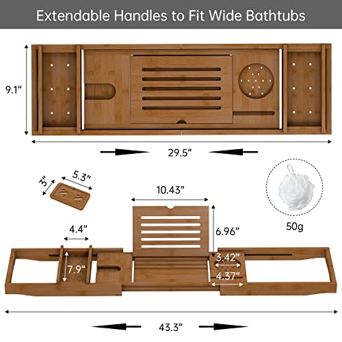 Bamboo Expandable Bath Tray with Book Holder & Wine Glass Holder