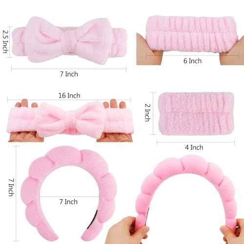 Chanaco Hairband, 2 Pcs Spa Headbands and 2 Pcs Wrist Bands for Women, Pink Microfiber Face Wash Headband with Bow Tie, Skincare Headband, Wide Occasion, Teen Girl Gifts, Trendy Stuff