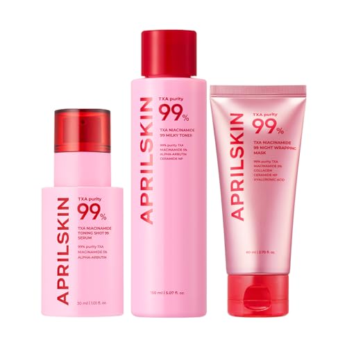 APRILSKIN TXA Overnight Glow Booster Trio: TXA Toning Shot 99 Spicule Facial Serum, Pink Milky Toner and TXA Overnight Wrapping Mask