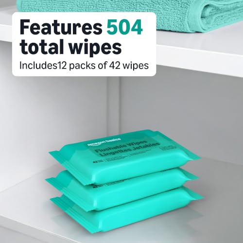 Amazon Basics Flushable Adult Wipes 42 Count Pack of 12, Fragrance-Free, Hypoallergenic