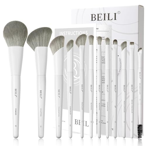 BEILI 12-Piece White Makeup Brush Set, Premium Synthetic Brushes for Foundation, Blending, Eyeshadow, Contour, Blush, and Eyeliner, Luxury Gift-Ready
