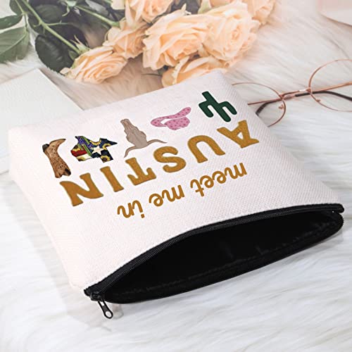 POFULL Austin Gifts Texas Bachelorette Party Makeup Bag Meet Me in Austin Travel Cosmetic Pouch
