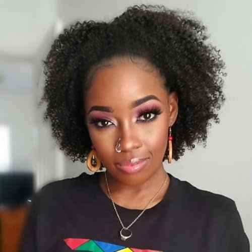 Wear & Go Glueless Wigs Human Hair Afro Kinky Curly Human Hair Half Wigs for Black Women Seamless Kinky Curly Bob Pixie Cut Wig Drawstring Full Head Clip in Half Wig 200% Density 10 Inch