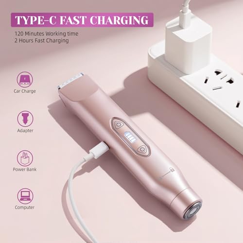 Bikini Trimmer for Women£¬3 in 1 Electric Razor with Ceramic Blades, IPX7 Waterproof, USB Rechargeable, Painless Hair Removal for Face£¬Body£¬Bikini Area, Travel Grooming Kit (Rose Gold)