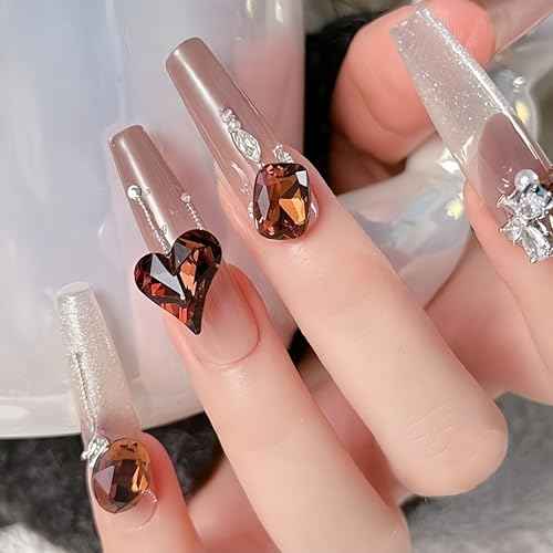 100Pcs Autumn Winter Crystal Brown Orange Yellow Nail Art Rhinestones Pointed Bottom Multi Shapes Nail Supplies Heart Snowflake Maillard Color Diamonds Nail Gem Nail Jewelry for Women Acrylic Supplies