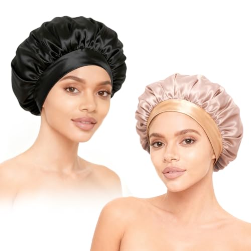 Silk Sleep Cap Set - 2 Pcs Satin Hair Bonnets for Women, Soft Elastic Band, Suitable for Curly & Long Hair - Gold & Black