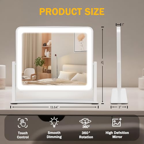 Bearolve 14"×12" LED Vanity Mirror with 3-Color Lighting & 360° Rotation