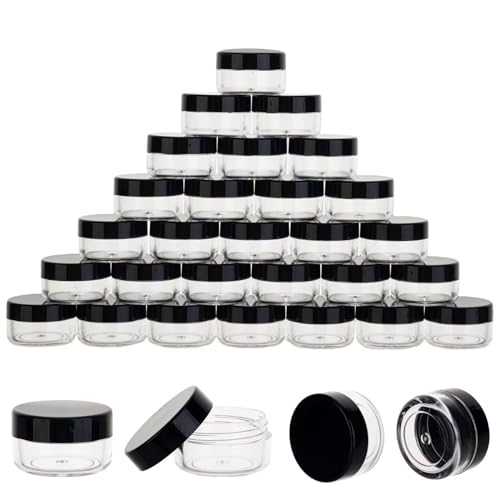 200 Count 5 Gram Sample Containers, Clear Lip Balm Containers with Lids, Small Plastic Sample Jars with 12 Mini Spoons, 200pcs Labels (Black Lid)