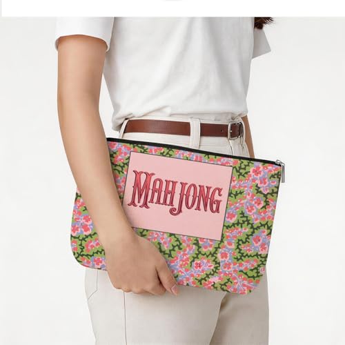 Pink Floral Mahjong Tile Bag - Durable Zippered Pouch for Accessories