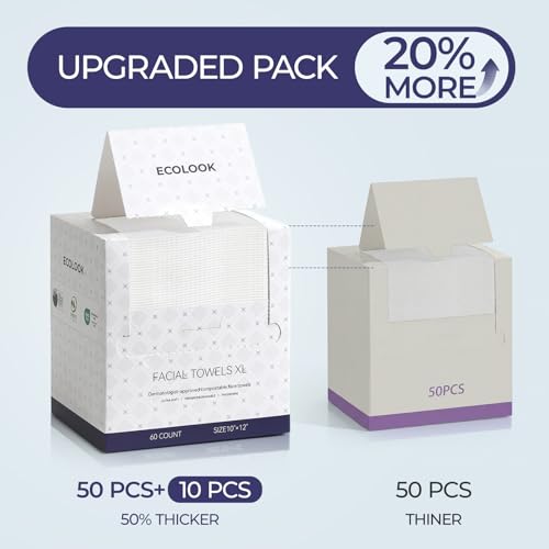 ECOLOOK Disposable Face Towel XL-60 Count Upgraded Thick Facial Towels, Ultra Soft Clean Face Towels Disposable, 10"x12" & 90 GSM, Ideal for Sensitive Skin?-1 PACK