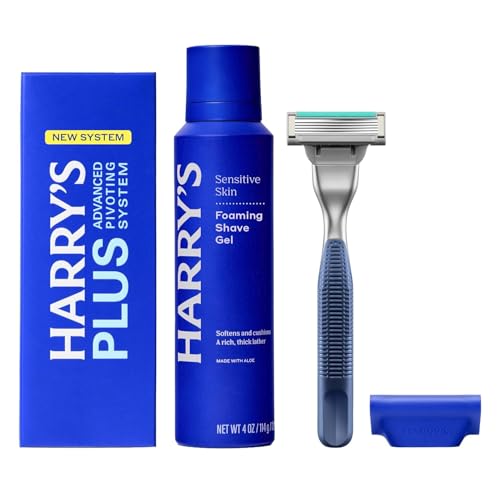 Harry's Plus Trial Shaving Kit for Men - Premium Handle, Razor Blade Cartridge, Foaming Shave Gel, and Travel Blade Cover - Advanced Pivoting System - Tide