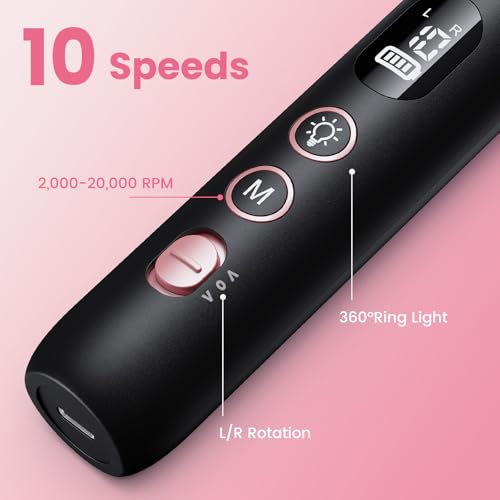 Electric Nail Drill 10-Speed Cordless with 10 Bits & LED Light