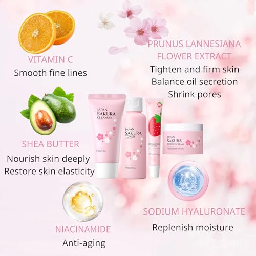 Cherry Blossom Skincare Set Women Gifts - Skin Care Set Hydrating - Skincare for Girls 10-12 Moisturizing - Travel Kit with Cleanser,Toner,Lip Mask,Cream(One Size, Cherry Blossom 6PCS Scent)