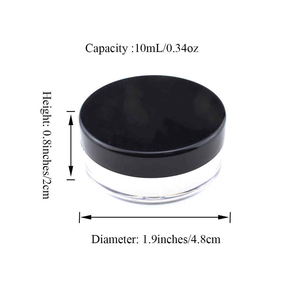 HAHIYO 4Pcs 10ml/0.34oz Plastic Empty Travel Powder Container Small Loose Powder Compact Case Makeup Cosmetic Jar Refillable Powder Box No Leak Powder Holder with Rotatable Sifter and Black Screw Lid