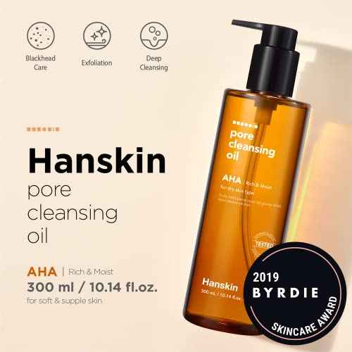 Hanskin AHA Pore Cleansing Oil for Dry Skin, Exfoliating, Waterproof Makeup Sebum Remover Facial Oil Cleanser for Face, Moisturizing for Soft Skin, Korean Skincare [AHA/10.14 oz.]