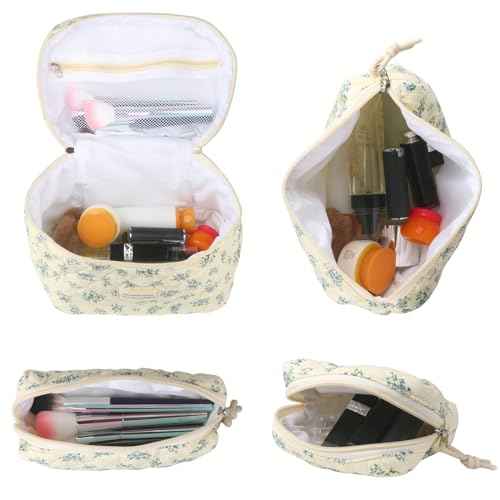 VIWIME Makeup Cosmetic Bag, Large Cotton Quilted Travel Coquette Aesthetic Cute Floral Make up Bag for Women Toiletry Bag Organizer (203- Blue Rose / 4Pcs)