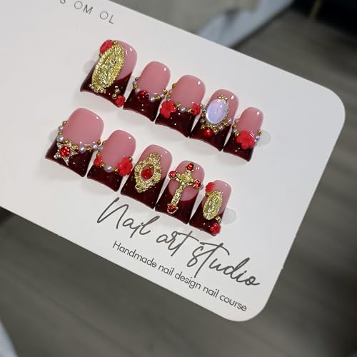 Short Duckbill Press on Nails - Wine Nude Ombre with Pearl & Cross Charms | Icy Glitter False Nails | Vintage Glam Style for Everyday & Holiday(M)
